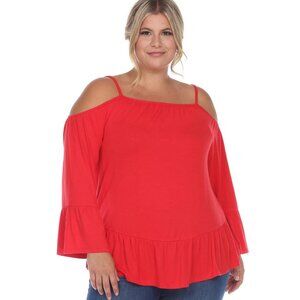 White Mark Red Cold Shoulder Peasant Top 1XL Ruffle Hem Knit